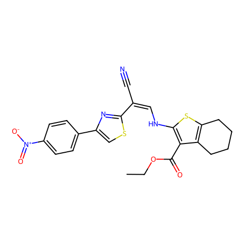 (Z)-ethyl 2-((2-cyano-2-(4-(4-nitrophenyl)thiazol-2-yl)vinyl)amino)-4,5,6,7-tetrahydrobenzo[b]thiophene-3-carboxylate structure