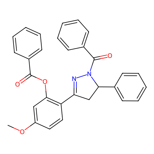 [2-(2-benzoyl-3-phenyl-3,4-dihydropyrazol-5-yl)-5-methoxyphenyl] benzoate structure