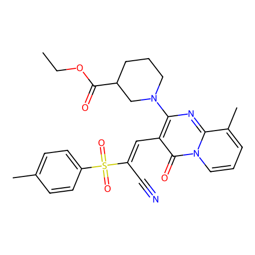 (E)-ethyl 1-(3-(2-cyano-2-tosylvinyl)-9-methyl-4-oxo-4H-pyrido[1,2-a]pyrimidin-2-yl)piperidine-3-carboxylate structure