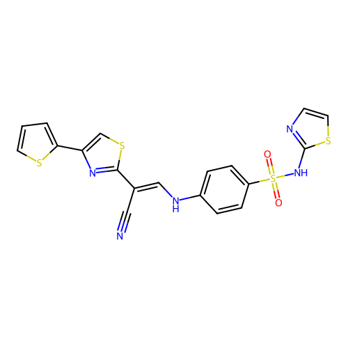 (E)-4-((2-cyano-2-(4-(thiophen-2-yl)thiazol-2-yl)vinyl)amino)-N-(thiazol-2-yl)benzenesulfonamide structure
