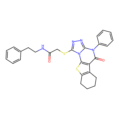 2-((5-oxo-4-phenyl-4,5,6,7,8,9-hexahydrobenzo[4,5]thieno[3,2-e][1,2,4]triazolo[4,3-a]pyrimidin-1-yl)thio)-N-phenethylacetamide structure