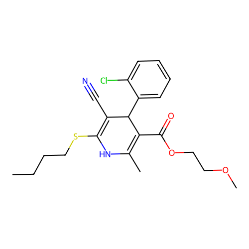 2-methoxyethyl 6-(butylsulfanyl)-4-(2-chlorophenyl)-5-cyano-2-methyl-1,4-dihydropyridine-3-carboxylate structure