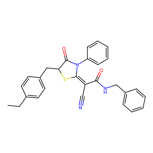 (E)-N-benzyl-2-cyano-2-(5-(4-ethylbenzyl)-4-oxo-3-phenylthiazolidin-2-ylidene)acetamide structure