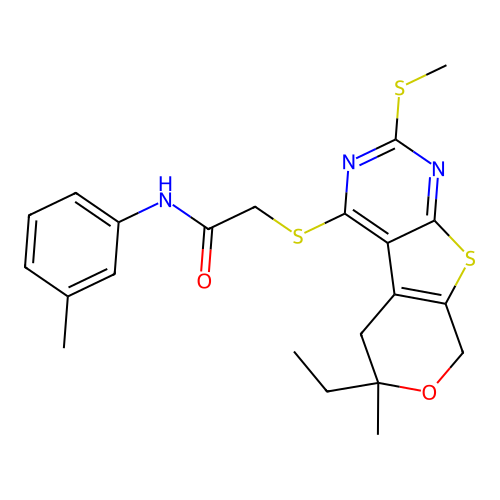 2-{[6-ethyl-6-methyl-2-(methylsulfanyl)-5,8-dihydro-6H-pyrano[4',3':4,5]thieno[2,3-d]pyrimidin-4-yl]sulfanyl}-N-(3-methylphenyl)acetamide structure