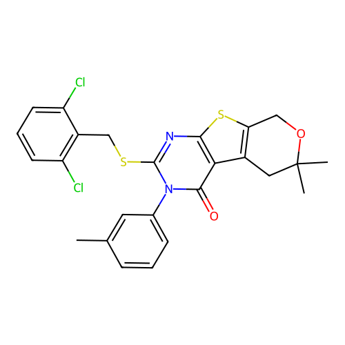 2-((2,6-dichlorobenzyl)thio)-6,6-dimethyl-3-(m-tolyl)-5,6-dihydro-3H-pyrano[4',3':4,5]thieno[2,3-d]pyrimidin-4(8H)-one structure