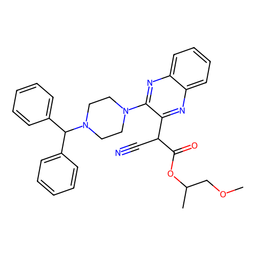 1-methoxypropan-2-yl 2-(3-(4-benzhydrylpiperazin-1-yl)quinoxalin-2-yl)-2-cyanoacetate structure