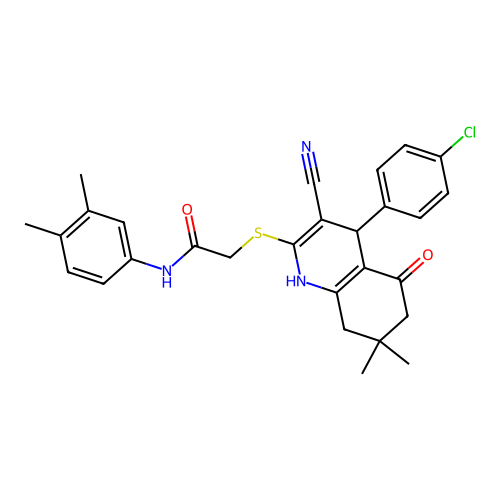 2-((4-(4-chlorophenyl)-3-cyano-7,7-dimethyl-5-oxo-1,4,5,6,7,8-hexahydroquinolin-2-yl)thio)-N-(3,4-dimethylphenyl)acetamide structure