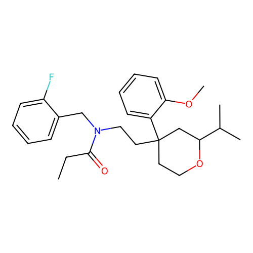 N-(2-fluorobenzyl)-N-(2-(2-isopropyl-4-(2-methoxyphenyl)tetrahydro-2H-pyran-4-yl)ethyl)propionamide structure