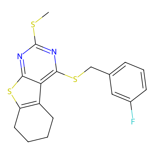 4-((3-fluorobenzyl)thio)-2-(methylthio)-5,6,7,8-tetrahydrobenzo[4,5]thieno[2,3-d]pyrimidine structure