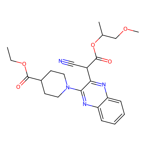 ethyl 1-(3-(1-cyano-2-((1-methoxypropan-2-yl)oxy)-2-oxoethyl)quinoxalin-2-yl)piperidine-4-carboxylate structure