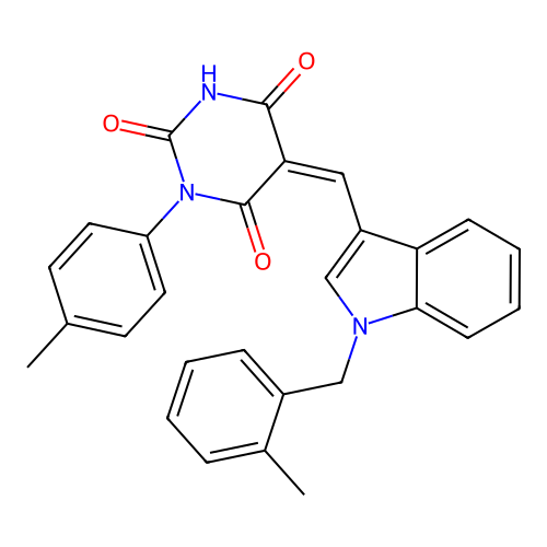 (5Z)-1-(4-methylphenyl)-5-[[1-[(2-methylphenyl)methyl]indol-3-yl]methylidene]-1,3-diazinane-2,4,6-trione structure