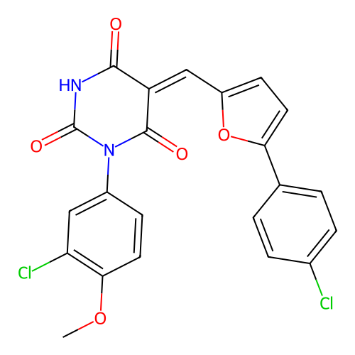 (5Z)-1-(3-chloro-4-methoxyphenyl)-5-[[5-(4-chlorophenyl)furan-2-yl]methylidene]-1,3-diazinane-2,4,6-trione structure