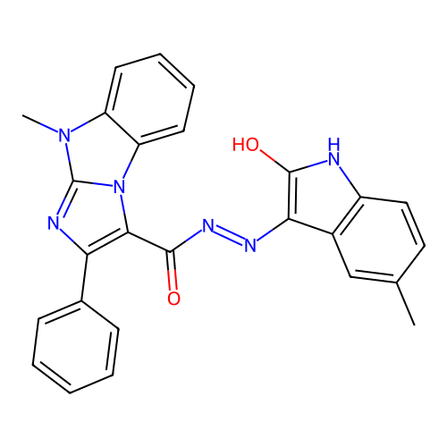 (Z)-9-methyl-N'-(5-methyl-2-oxoindolin-3-ylidene)-2-phenyl-9H-benzo[d]imidazo[1,2-a]imidazole-3-carbohydrazide structure
