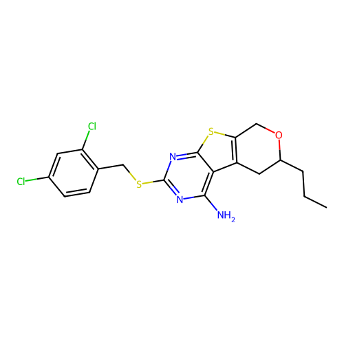 2-((2,4-dichlorobenzyl)thio)-6-propyl-6,8-dihydro-5H-pyrano[4',3':4,5]thieno[2,3-d]pyrimidin-4-amine structure