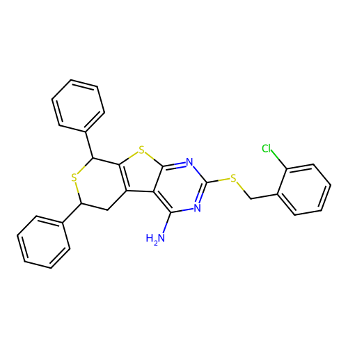 2-((2-chlorobenzyl)thio)-6,8-diphenyl-6,8-dihydro-5H-thiopyrano[4',3':4,5]thieno[2,3-d]pyrimidin-4-amine structure