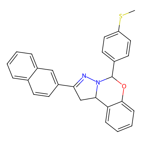 5-(4-(methylthio)phenyl)-2-(naphthalen-2-yl)-5,10b-dihydro-1H-benzo[e]pyrazolo[1,5-c][1,3]oxazine structure