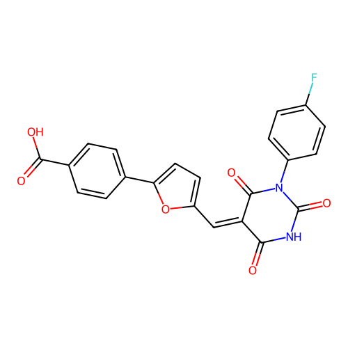 (Z)-4-(5-((1-(4-fluorophenyl)-2,4,6-trioxotetrahydropyrimidin-5(2H)-ylidene)methyl)furan-2-yl)benzoic acid structure