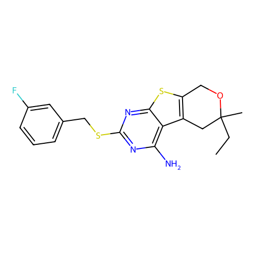 6-ethyl-2-((3-fluorobenzyl)thio)-6-methyl-6,8-dihydro-5H-pyrano[4',3':4,5]thieno[2,3-d]pyrimidin-4-amine structure