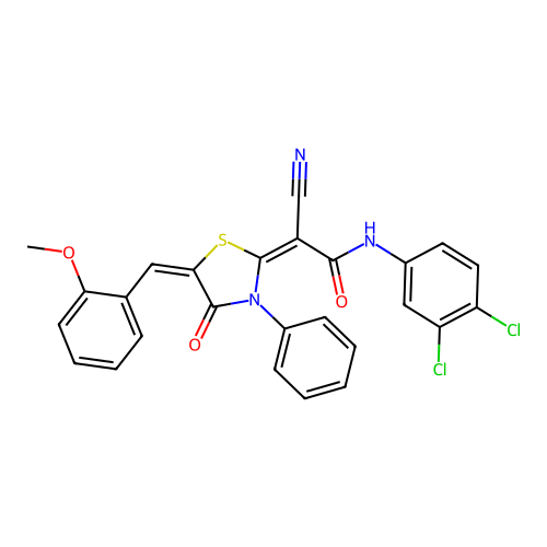 (2E)-2-cyano-N-(3,4-dichlorophenyl)-2-[(5E)-5-(2-methoxybenzylidene)-4-oxo-3-phenyl-1,3-thiazolidin-2-ylidene]ethanamide structure