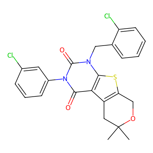 1-(2-chlorobenzyl)-3-(3-chlorophenyl)-6,6-dimethyl-1,5,6,8-tetrahydro-2H-pyrano[4',3':4,5]thieno[2,3-d]pyrimidine-2,4(3H)-dione structure