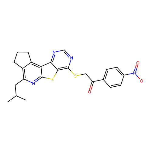 2-((4-isobutyl-2,3-dihydro-1H-cyclopenta[4',5']pyrido[3',2':4,5]thieno[3,2-d]pyrimidin-7-yl)thio)-1-(4-nitrophenyl)ethanone structure