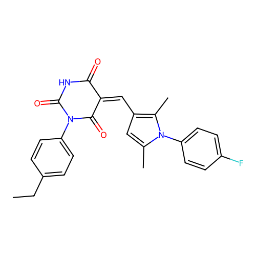 (5Z)-1-(4-ethylphenyl)-5-[[1-(4-fluorophenyl)-2,5-dimethylpyrrol-3-yl]methylidene]-1,3-diazinane-2,4,6-trione structure
