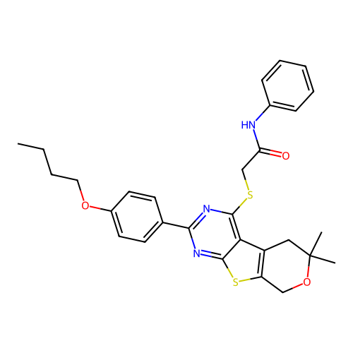 2-((2-(4-butoxyphenyl)-6,6-dimethyl-6,8-dihydro-5H-pyrano[4',3':4,5]thieno[2,3-d]pyrimidin-4-yl)thio)-N-phenylacetamide structure