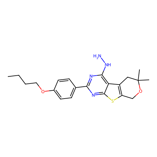 2-(4-butoxyphenyl)-4-hydrazinyl-6,6-dimethyl-5,8-dihydro-6H-pyrano[4',3':4,5]thieno[2,3-d]pyrimidine structure