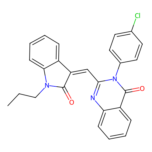 (Z)-3-(4-chlorophenyl)-2-((2-oxo-1-propylindolin-3-ylidene)methyl)quinazolin-4(3H)-one structure