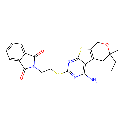 2-(2-((4-amino-6-ethyl-6-methyl-6,8-dihydro-5H-pyrano[4',3':4,5]thieno[2,3-d]pyrimidin-2-yl)thio)ethyl)isoindoline-1,3-dione structure