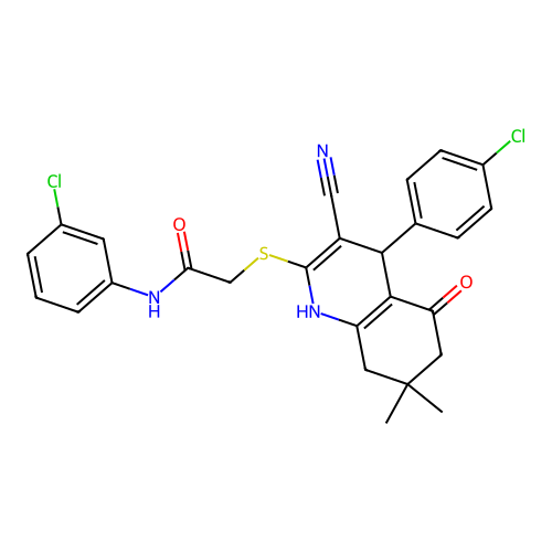 N-(3-chlorophenyl)-2-((4-(4-chlorophenyl)-3-cyano-7,7-dimethyl-5-oxo-1,4,5,6,7,8-hexahydroquinolin-2-yl)thio)acetamide structure