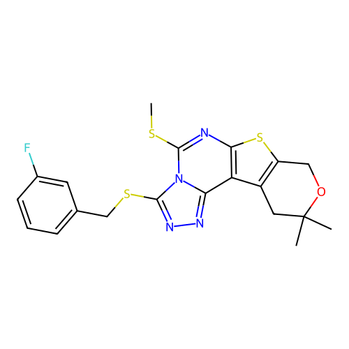 3-((3-fluorobenzyl)thio)-10,10-dimethyl-5-(methylthio)-10,11-dihydro-8H-pyrano[4',3':4,5]thieno[3,2-e][1,2,4]triazolo[4,3-c]pyrimidine structure
