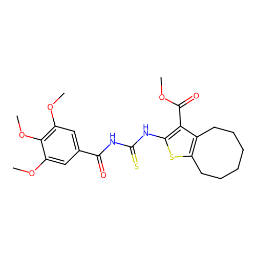 methyl 2-({[(3,4,5-trimethoxyphenyl)carbonyl]carbamothioyl}amino)-4,5,6,7,8,9-hexahydrocycloocta[b]thiophene-3-carboxylate structure