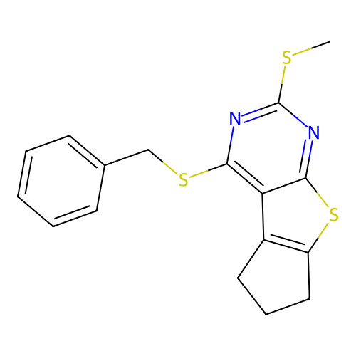 4-(benzylthio)-2-(methylthio)-6,7-dihydro-5H-cyclopenta[4,5]thieno[2,3-d]pyrimidine structure