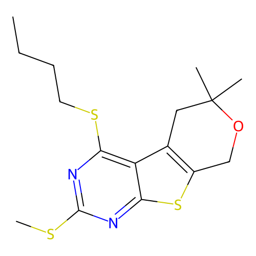 4-(butylsulfanyl)-6,6-dimethyl-2-(methylsulfanyl)-5,8-dihydro-6H-pyrano[4',3':4,5]thieno[2,3-d]pyrimidine structure