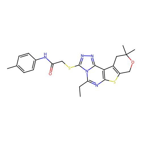 2-((5-ethyl-10,10-dimethyl-10,11-dihydro-8H-pyrano[4',3':4,5]thieno[3,2-e][1,2,4]triazolo[4,3-c]pyrimidin-3-yl)thio)-N-(p-tolyl)acetamide structure