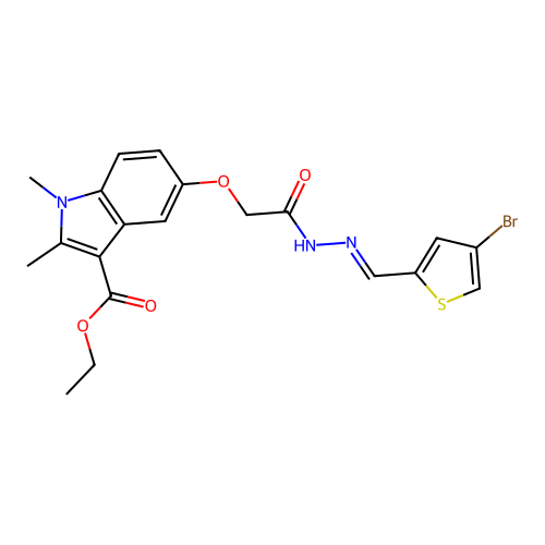 ethyl 5-(2-(2-((4-bromothiophen-2-yl)methylene)hydrazinyl)-2-oxoethoxy)-1,2-dimethyl-1H-indole-3-carboxylate structure