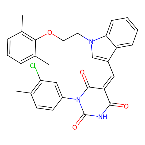(5Z)-1-(3-chloro-4-methylphenyl)-5-({1-[2-(2,6-dimethylphenoxy)ethyl]-1H-indol-3-yl}methylidene)pyrimidine-2,4,6(1H,3H,5H)-trione structure