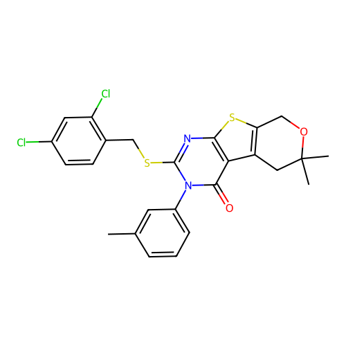 2-((2,4-dichlorobenzyl)thio)-6,6-dimethyl-3-(m-tolyl)-5,6-dihydro-3H-pyrano[4',3':4,5]thieno[2,3-d]pyrimidin-4(8H)-one structure