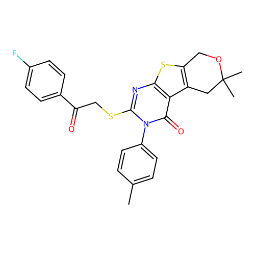 2-((2-(4-fluorophenyl)-2-oxoethyl)thio)-6,6-dimethyl-3-(p-tolyl)-5,6-dihydro-3H-pyrano[4',3':4,5]thieno[2,3-d]pyrimidin-4(8H)-one structure