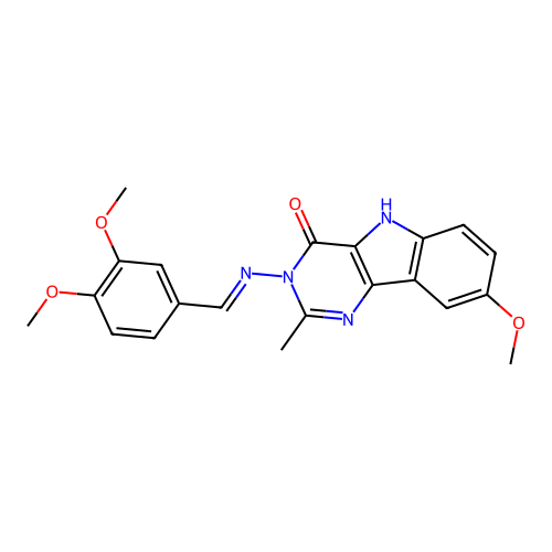 (E)-3-((3,4-dimethoxybenzylidene)amino)-8-methoxy-2-methyl-3H-pyrimido[5,4-b]indol-4(5H)-one structure