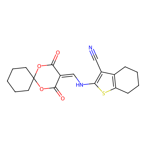 2-(((2,4-dioxo-1,5-dioxaspiro[5.5]undecan-3-ylidene)methyl)amino)-4,5,6,7-tetrahydrobenzo[b]thiophene-3-carbonitrile structure