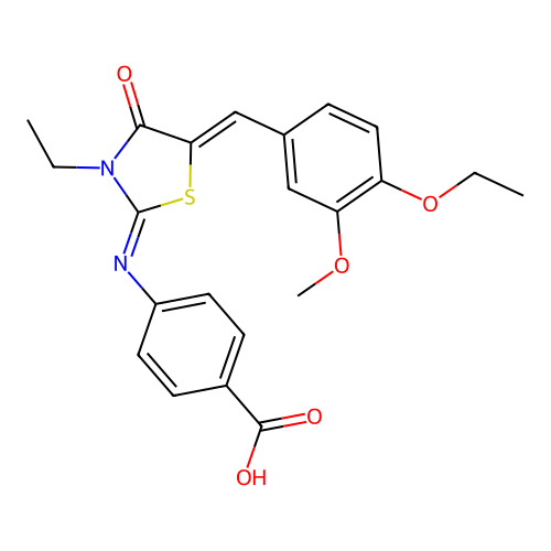 4-((E)-((Z)-5-(4-ethoxy-3-methoxybenzylidene)-3-ethyl-4-oxothiazolidin-2-ylidene)amino)benzoic acid structure