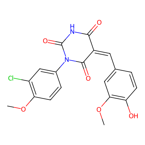 (5Z)-1-(3-chloro-4-methoxyphenyl)-5-(4-hydroxy-3-methoxybenzylidene)pyrimidine-2,4,6(1H,3H,5H)-trione structure