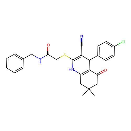 N-benzyl-2-((4-(4-chlorophenyl)-3-cyano-7,7-dimethyl-5-oxo-1,4,5,6,7,8-hexahydroquinolin-2-yl)thio)acetamide structure