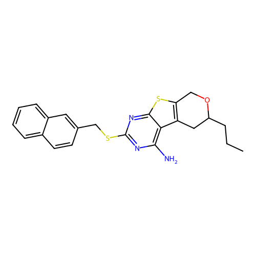 2-((naphthalen-2-ylmethyl)thio)-6-propyl-6,8-dihydro-5H-pyrano[4',3':4,5]thieno[2,3-d]pyrimidin-4-amine structure