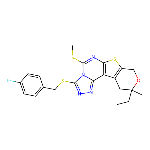 10-ethyl-3-((4-fluorobenzyl)thio)-10-methyl-5-(methylthio)-10,11-dihydro-8H-pyrano[4',3':4,5]thieno[3,2-e][1,2,4]triazolo[4,3-c]pyrimidine structure