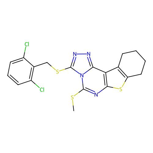 3-((2,6-dichlorobenzyl)thio)-5-(methylthio)-8,9,10,11-tetrahydrobenzo[4,5]thieno[3,2-e][1,2,4]triazolo[4,3-c]pyrimidine structure