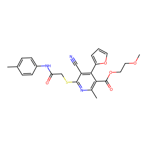 2-methoxyethyl 5-cyano-4-(furan-2-yl)-2-methyl-6-[2-(4-methylanilino)-2-oxoethyl]sulfanylpyridine-3-carboxylate structure