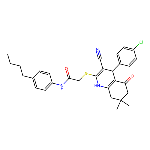 N-(4-butylphenyl)-2-((4-(4-chlorophenyl)-3-cyano-7,7-dimethyl-5-oxo-1,4,5,6,7,8-hexahydroquinolin-2-yl)thio)acetamide structure